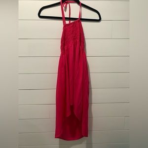 Pink sun dress, high low bottom, it does tie behind the neck.